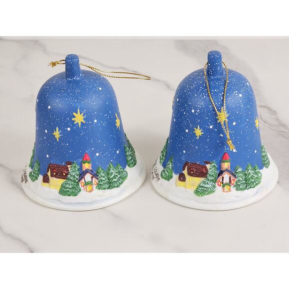 Christmas Village Square Bell Ornaments 4" Porcelain 90's Blue Lot of 2 Vintage - Picture 4 of 12